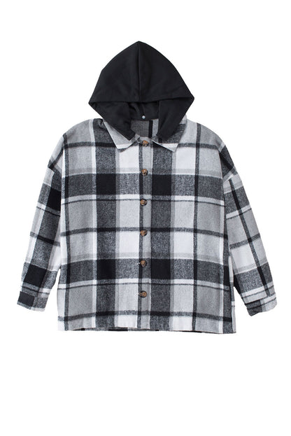 Orange Plaid Button Front Hooded Shacket