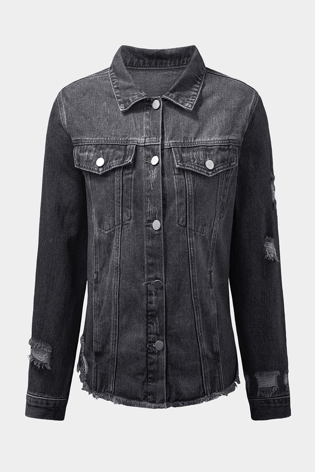 Black Casual Distressed Raw Hem Buttons Denim Jacket