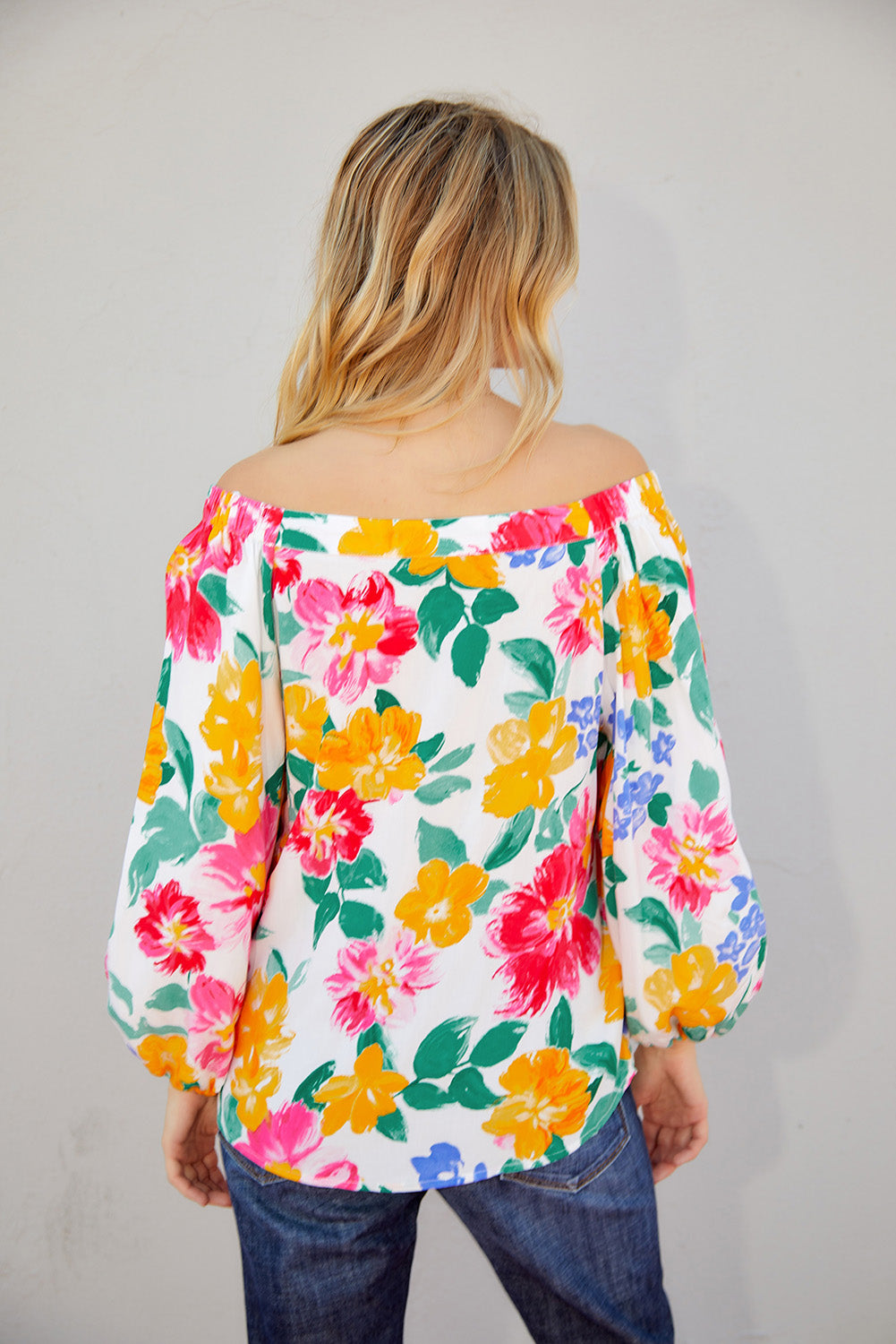 Watercolor Bohemian Flower Print Off Shoulder Blouse