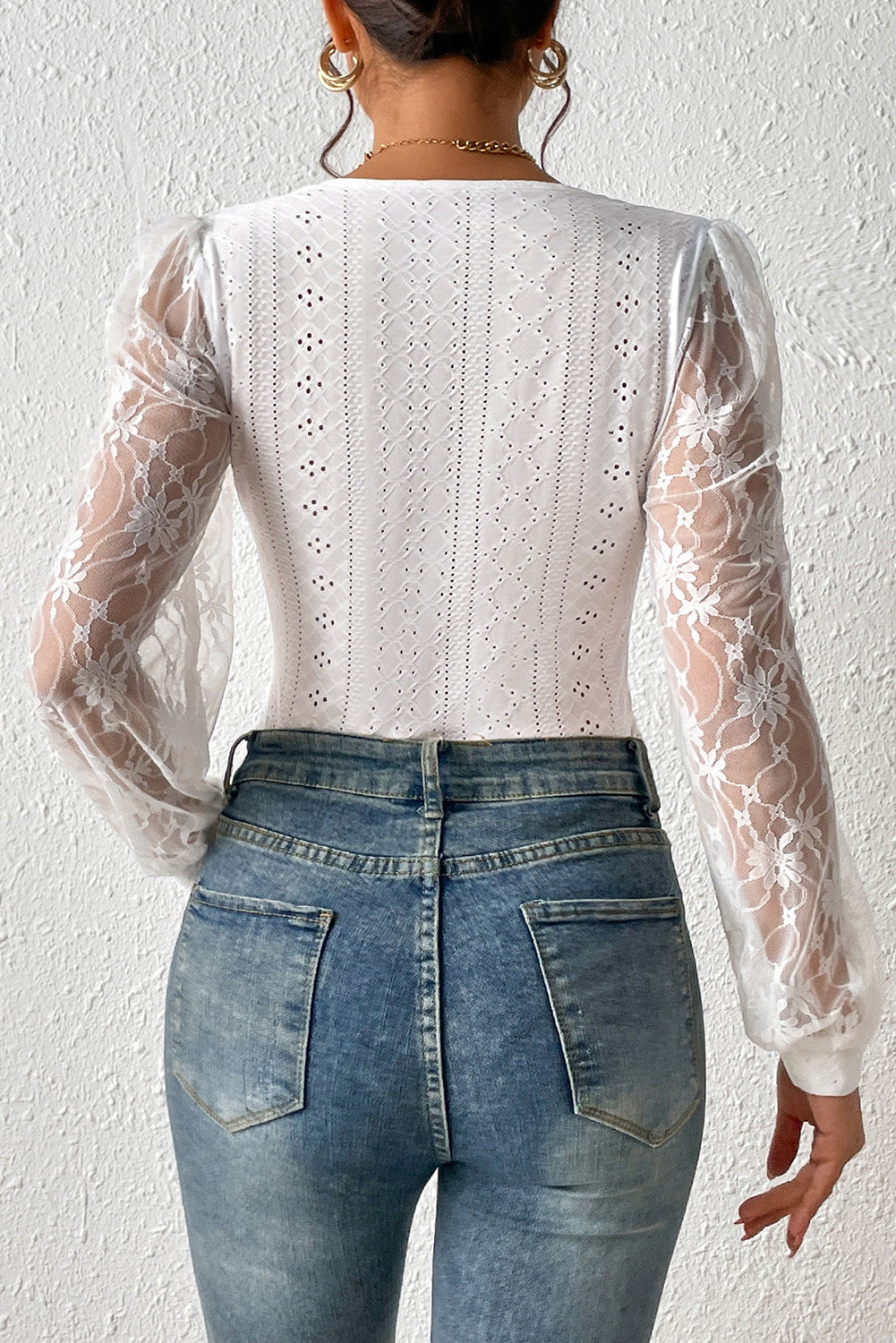 Black Eyelet Contrast Lace Bishop Sleeve Bodysuit