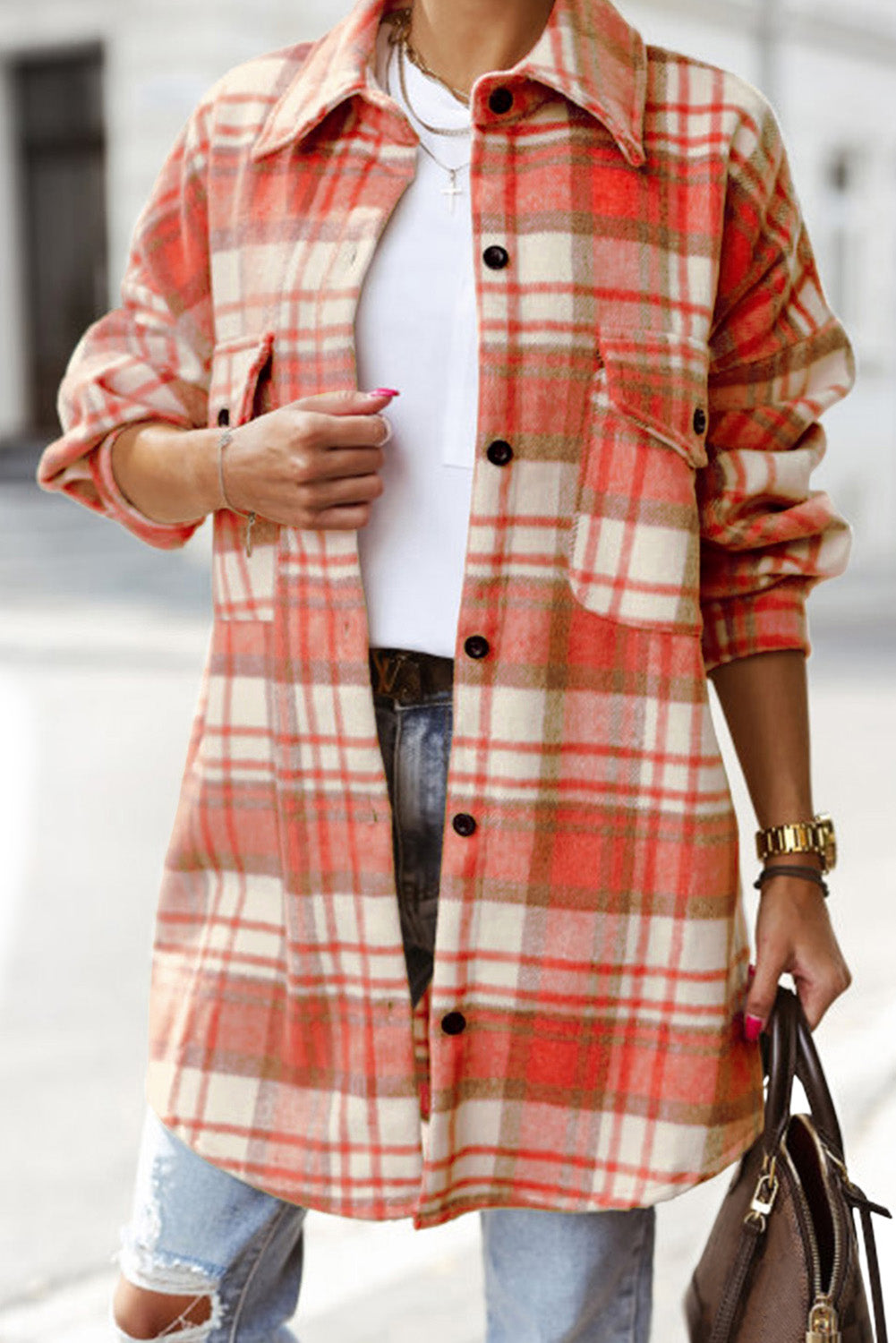 Yellow Plaid Print Flap Pocket Long Sleeve Shacket