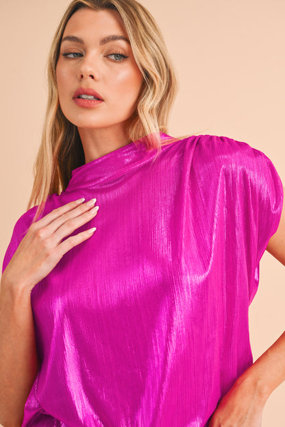 Bright Pink Ruched Sleeves Knotted Backless Blouse