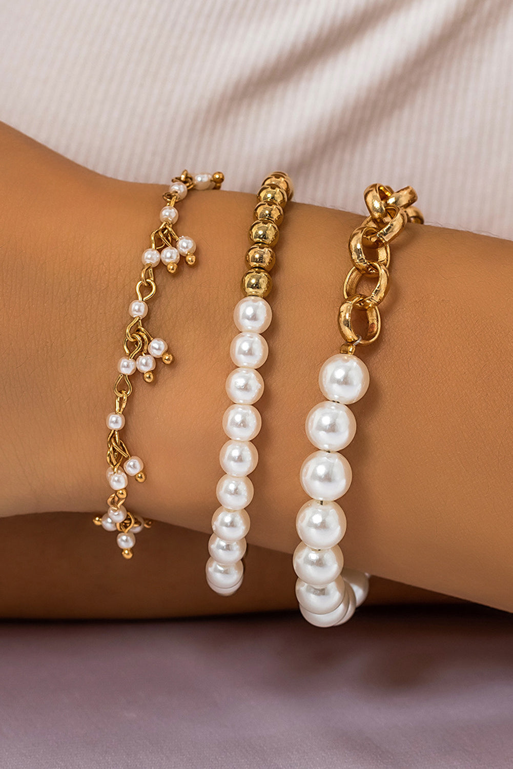 Gold 3pcs Pearl Pleated Alloy Beaded Bracelet Set