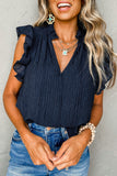 Navy Blue V Neck Flutter Shoulder Textured Blouse