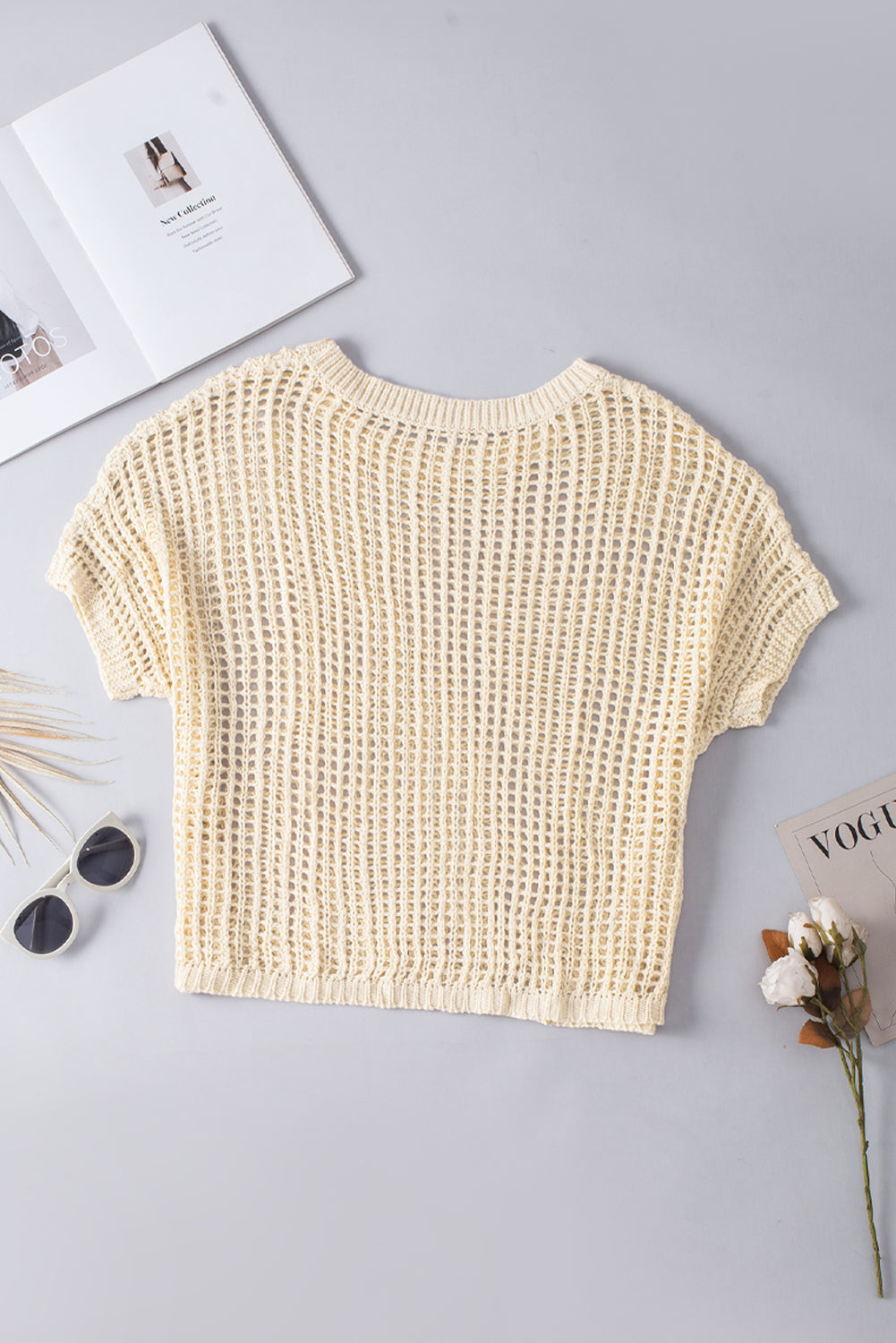 Apricot Fishnet Knit Ribbed Round Neck Short Sleeve Tee