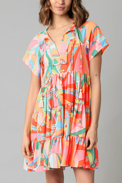 Pink Abstract Print Split V Neck Short Sleeve Tiered Dress