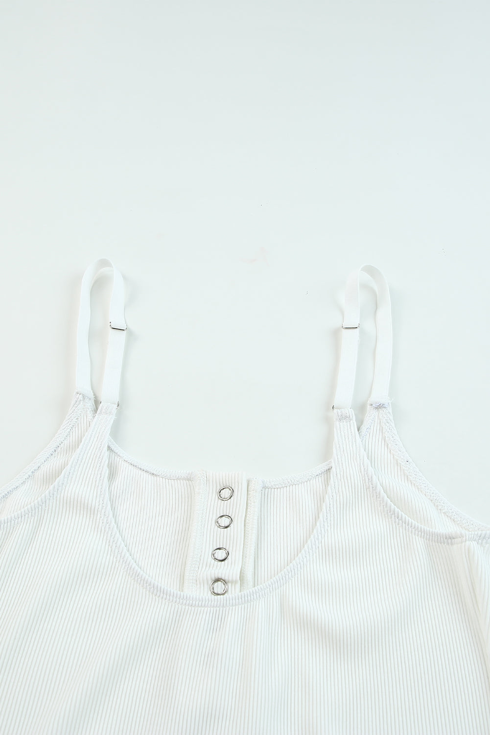 White Ribbed Knit Button Notch Adjustable Spaghetti Straps Bodysuit