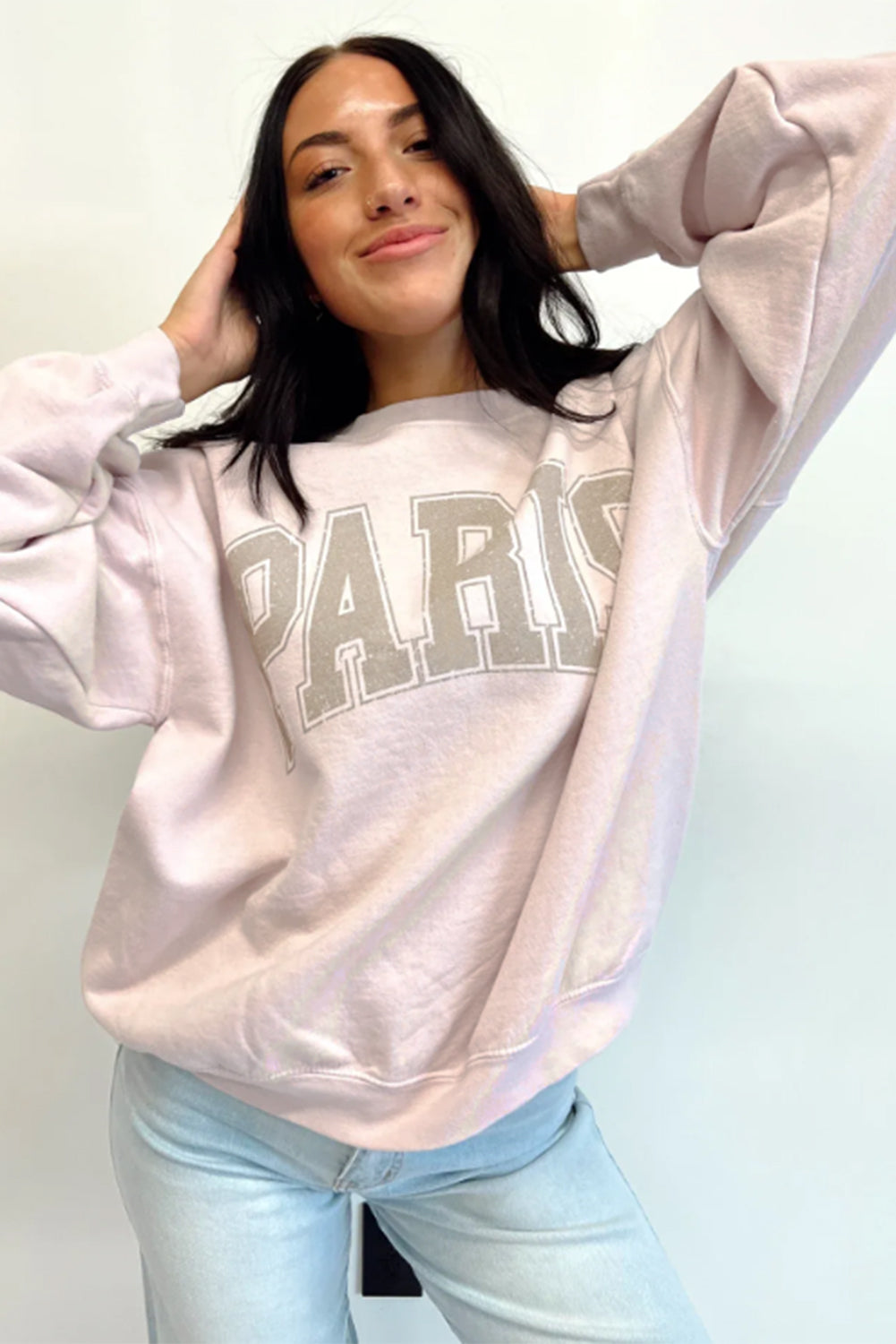 Pink PARIS Letter Print Drop Shoulder Oversized Sweatshirt