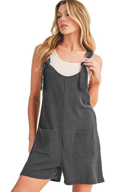 Dark Grey Ribbed Striped Knotted Straps Pocketed Romper