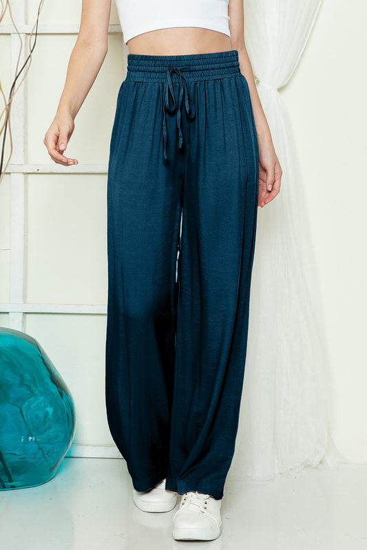 Black Plain Drawstring Shirred Elastic Waist Wide Leg Pants