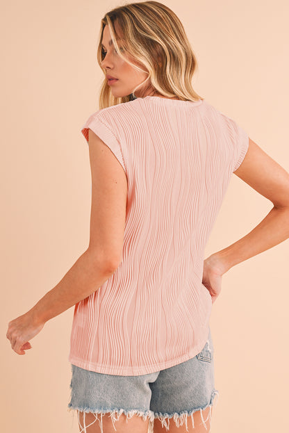 Pink Solid Color Wavy Textured Cap Sleeve Top