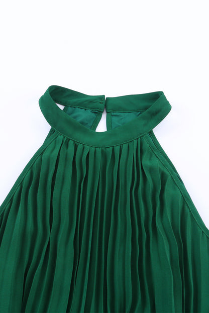 Green Elegant Halter Neck Belted Pleated Wide Leg Jumpsuit