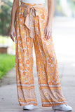 Grapefruit Orange Tie Waist Boho Floral Wide Leg Pants