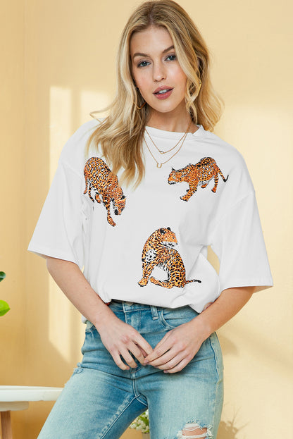 White Animal Print Round Neck T Shirt