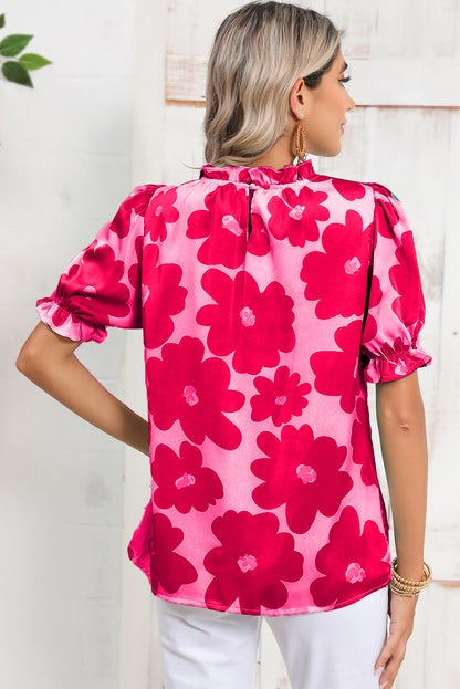 Rose Floral Puff Sleeve Frill Neckline Blouse