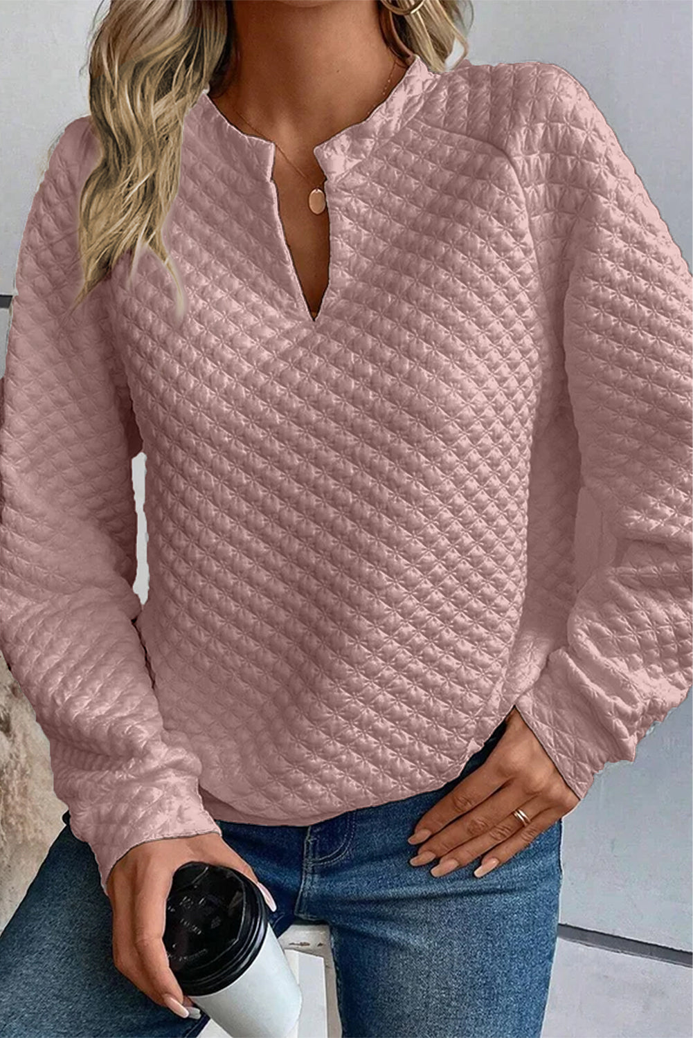 Black Quilted V-Neck Solid Color Long Sleeve Top