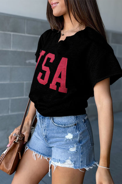 Dark Blue USA Lettering Patch Notched Neck Loose Tee