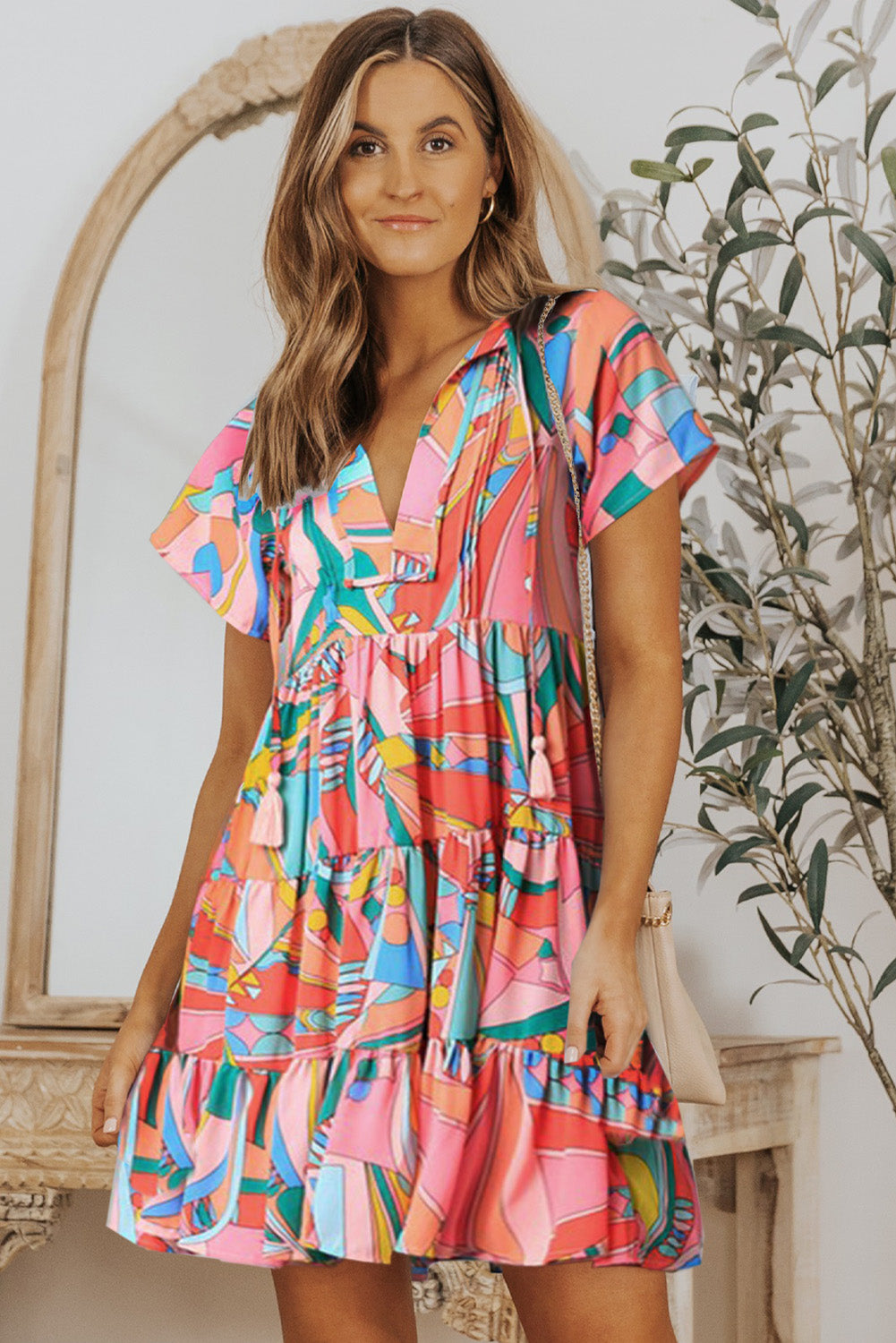 Pink Abstract Print Split V Neck Short Sleeve Tiered Dress