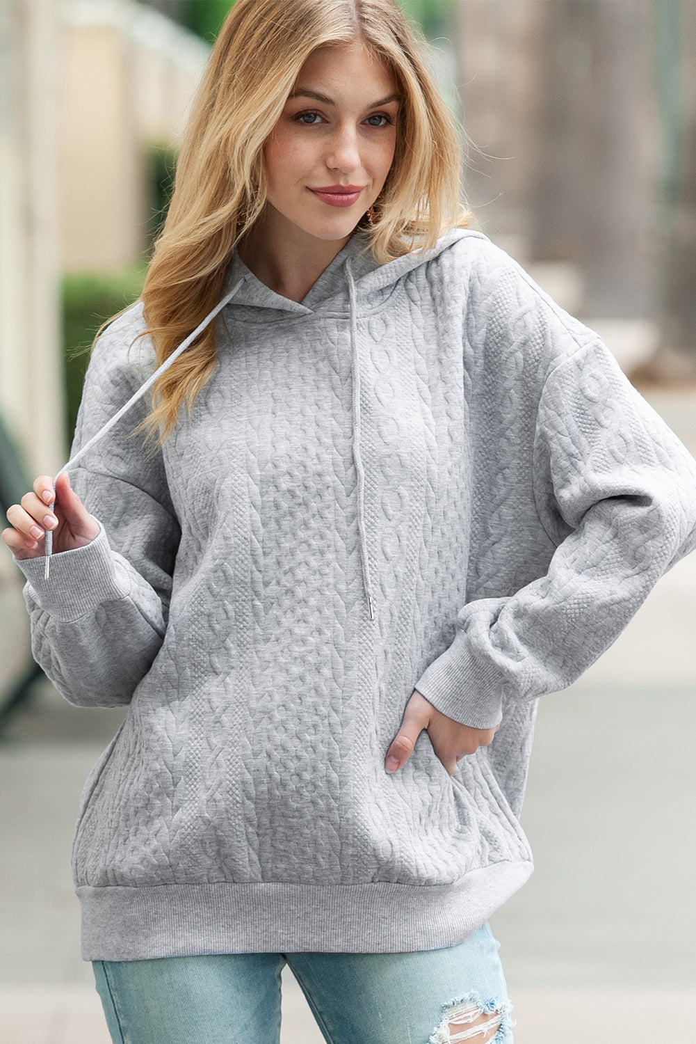 Gray Cable Textured Casual Drawstring Hoodie