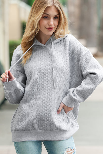 Gray Cable Textured Casual Drawstring Hoodie