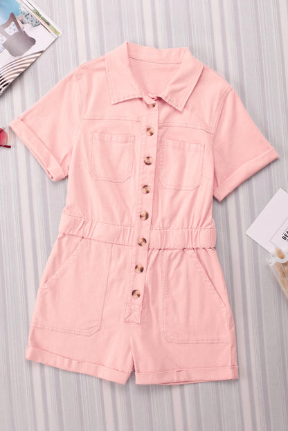 Pink Button Up Short Sleeve Denim Romper with Pockets