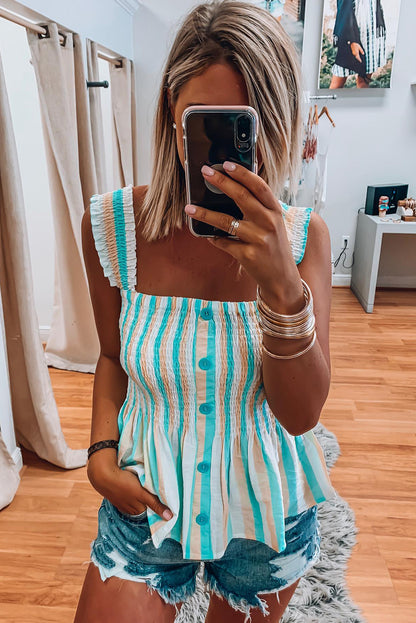 Striped Print Smocked Peplum Sleeveless Shirt