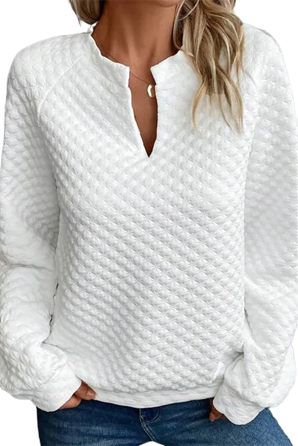 Black Quilted V-Neck Solid Color Long Sleeve Top