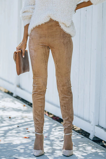 Khaki Mid Rise Faux Suede Skinny Leggings