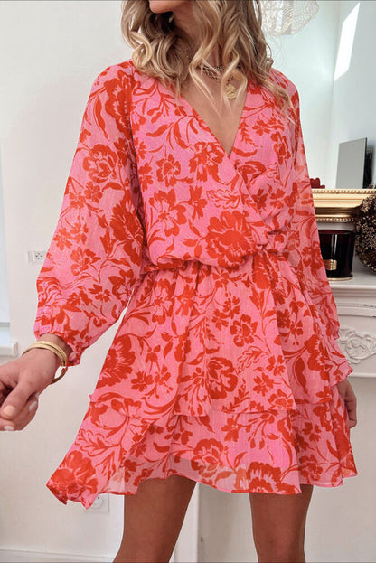 Red Floral Print Wrap V Neck Long Sleeve Boho Dress