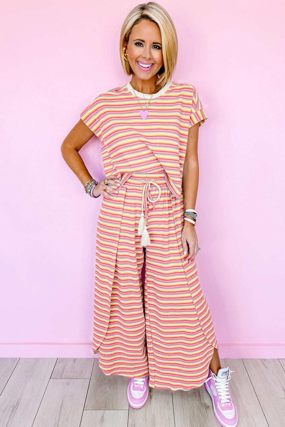 Yellow Stripe Rainbow Tee and Tassel Drawstring Wide Leg Pants Set