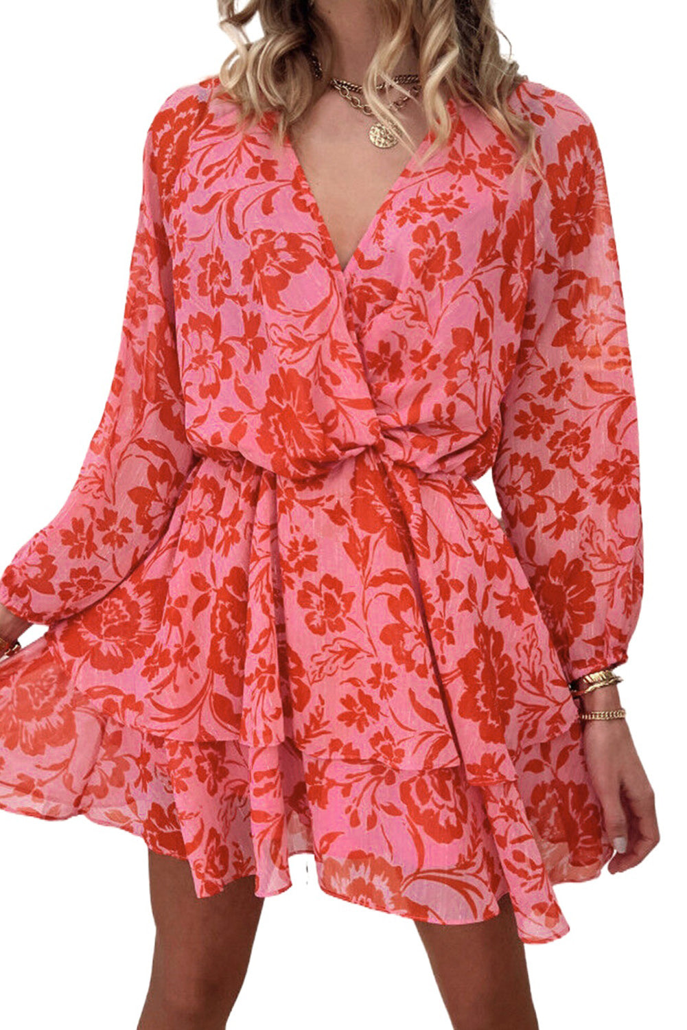 Red Floral Print Wrap V Neck Long Sleeve Boho Dress