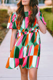 Green Abstract Print Puff Sleeve Short Dress