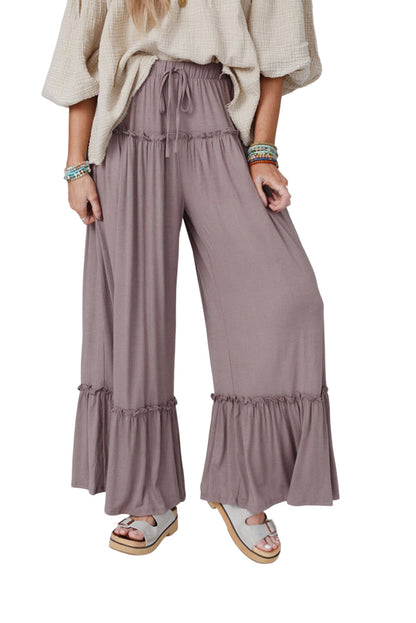 Khaki Frill Detail Drawstring High Waist Wide Leg Pants