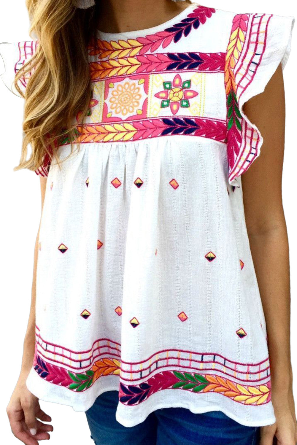 White Abstract Print Ruffle Boho Babydoll Top