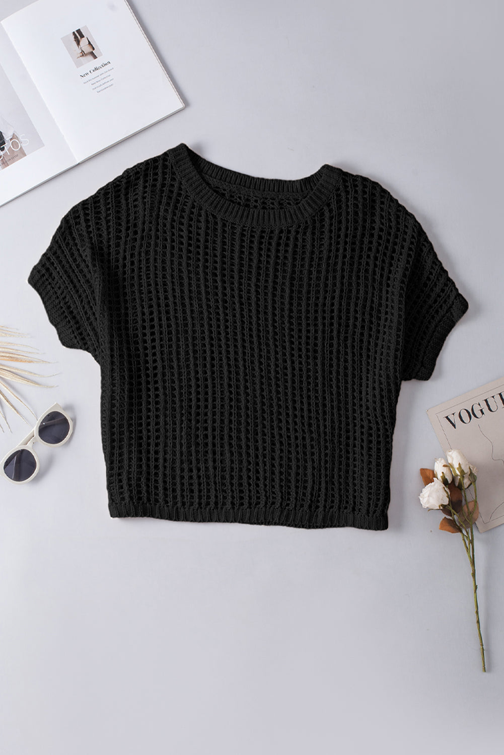 Apricot Fishnet Knit Ribbed Round Neck Short Sleeve Tee