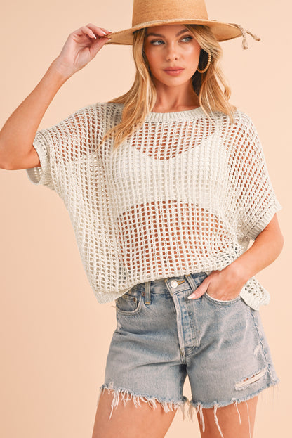 Apricot Fishnet Knit Ribbed Round Neck Short Sleeve Tee