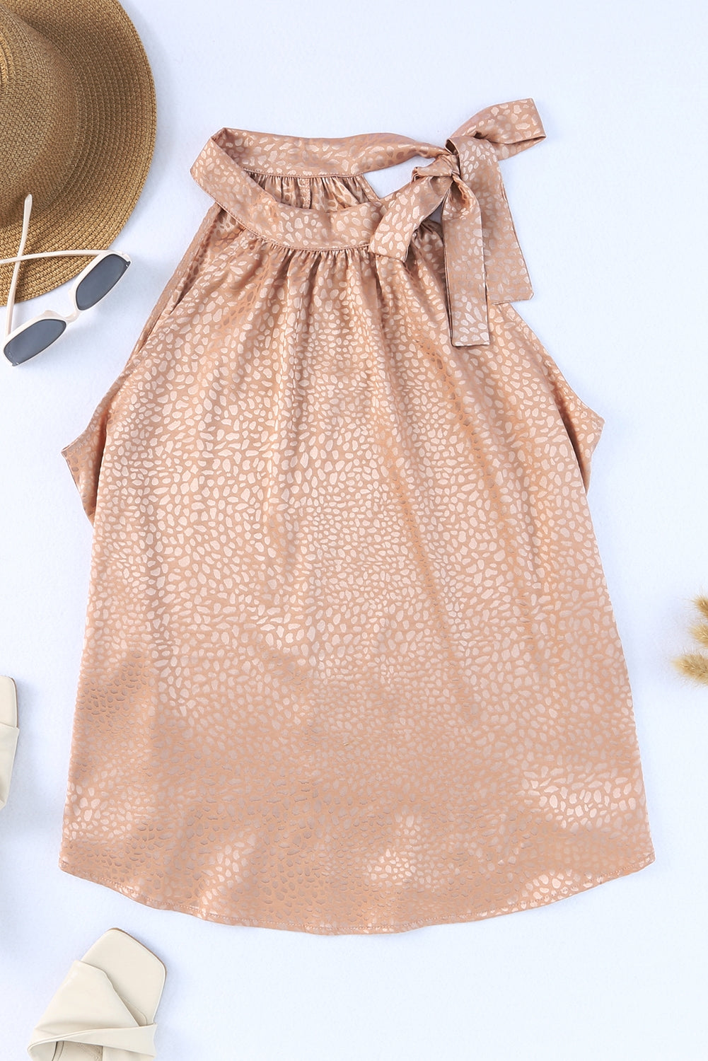 Pink Leopard Tie Neck Casual Sleeveless Shirt