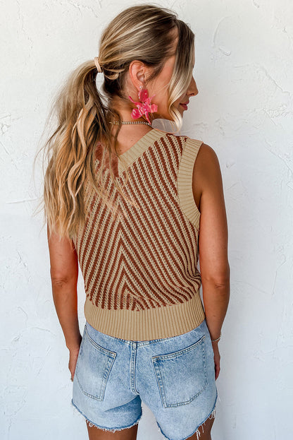 Light Beige Contrast Chevron V Neck Knitted Vest