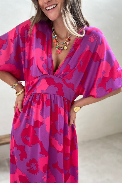 Rose Abstract Floral Print V Neck Split Maxi Dress