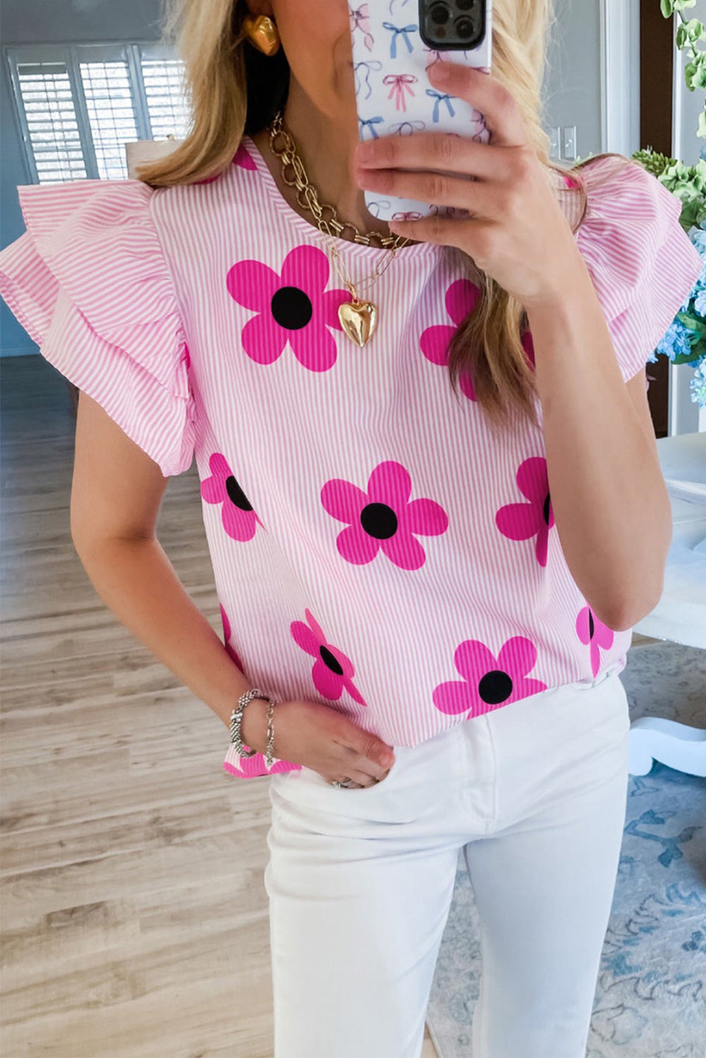 Pink Stripe Floral Print Ruffled Flutter Sleeve Blouse