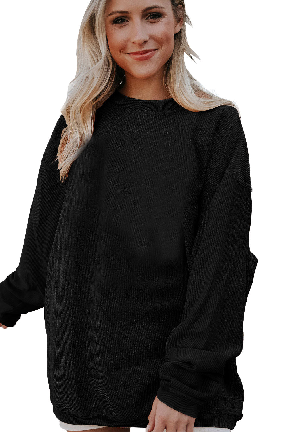 Orange Plain Drop Sleeve Rib-Knit Oversized Sweatshirt