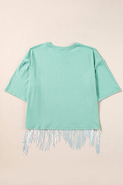 Pink Casual Fringe Sequin Hem Cropped T Shirt