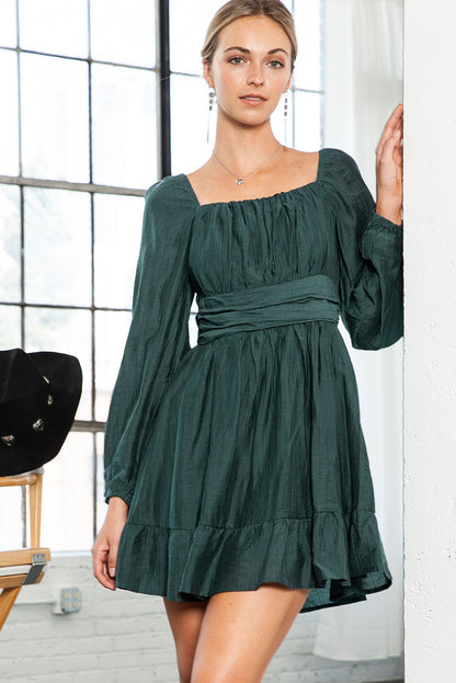 Green Solid Color Flounce Hem A -Line Square Neck Dress