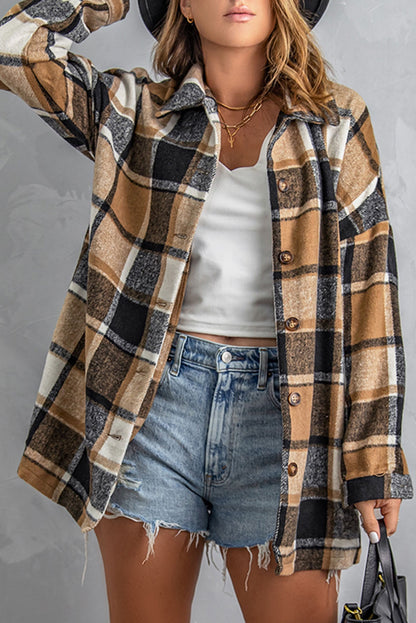 Wholesale Brown Plaid Button Up Long Sleeve Flannel Shacket