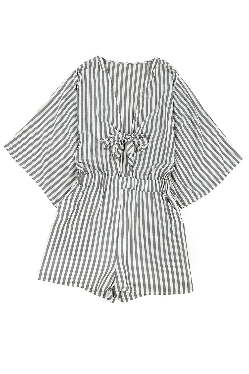 Grey Striped Print Tie Knot Front Romper With Pockets