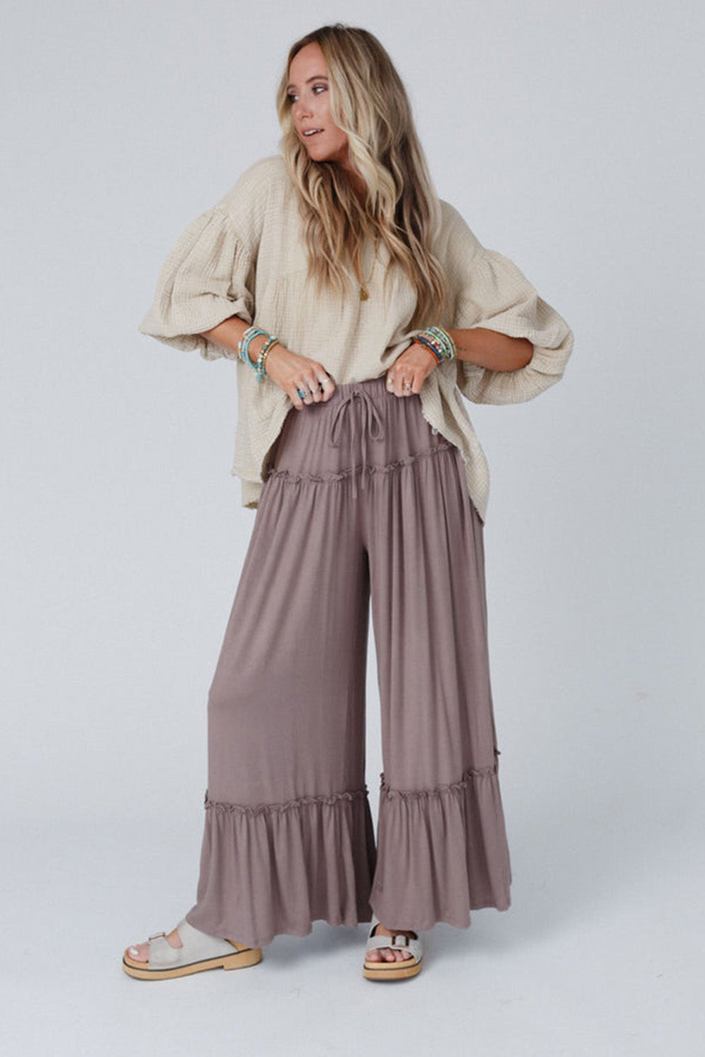 Khaki Frill Detail Drawstring High Waist Wide Leg Pants