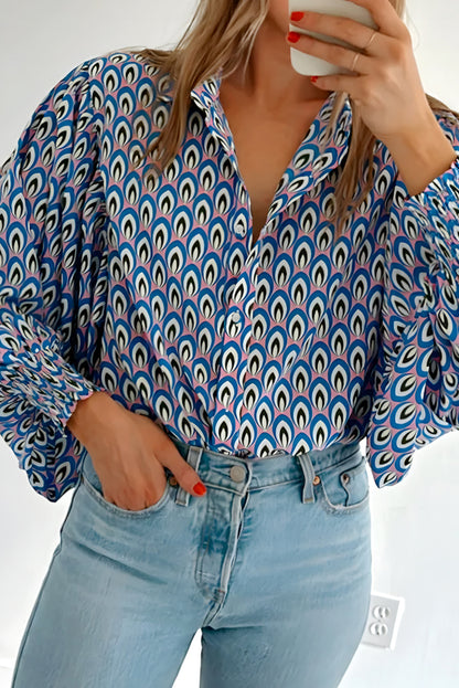 Sky Blue Abstract Print Collared Lantern Sleeve Shirt