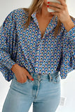 Sky Blue Abstract Print Collared Lantern Sleeve Shirt