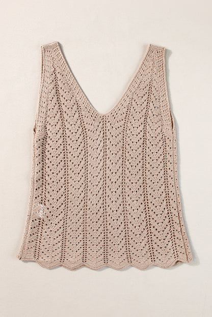 Pale Khaki Scalloped Hem V Neck Crochet Knit Tank Top