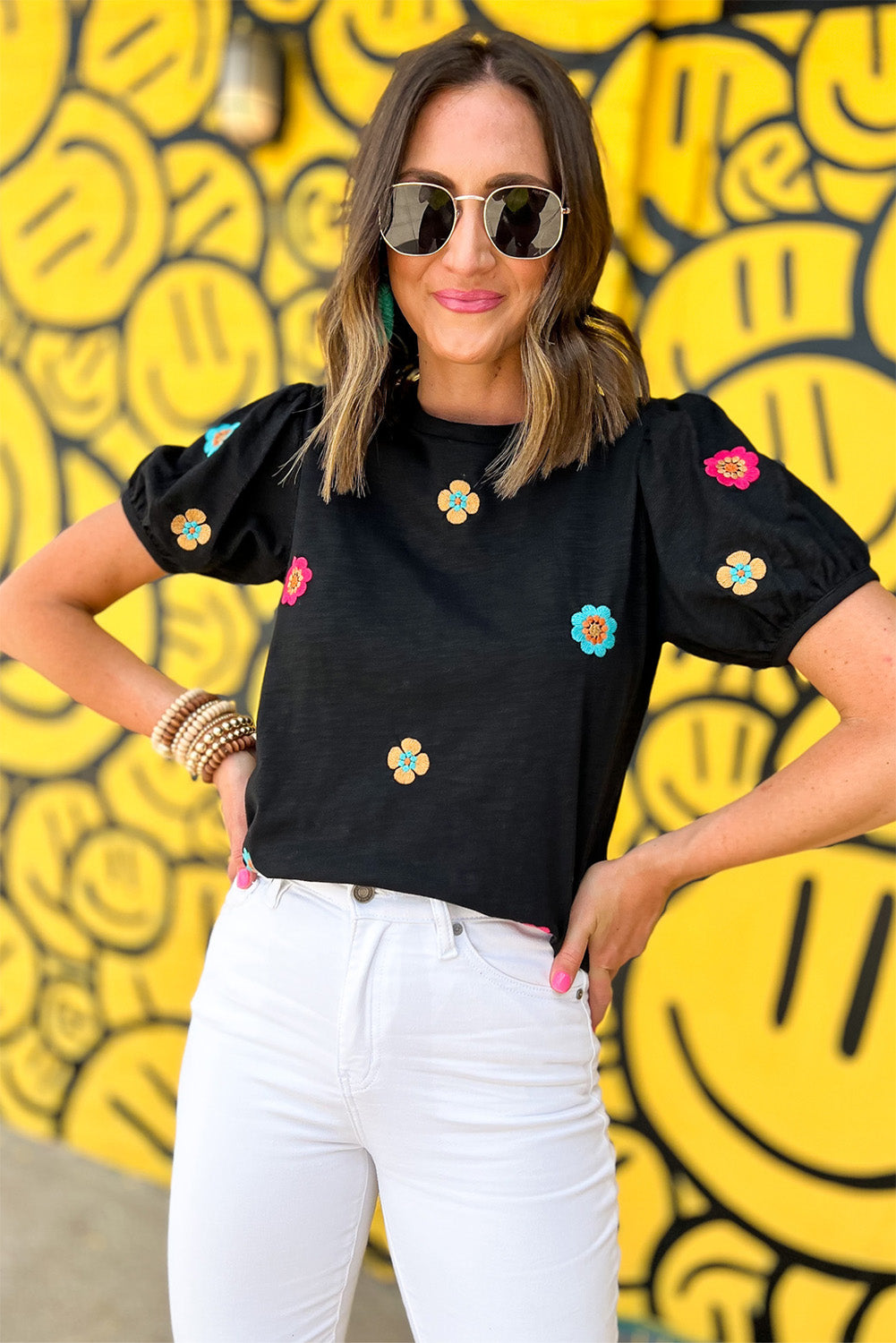 Black Embroidered 60s Flower Short Puff Sleeve Tee